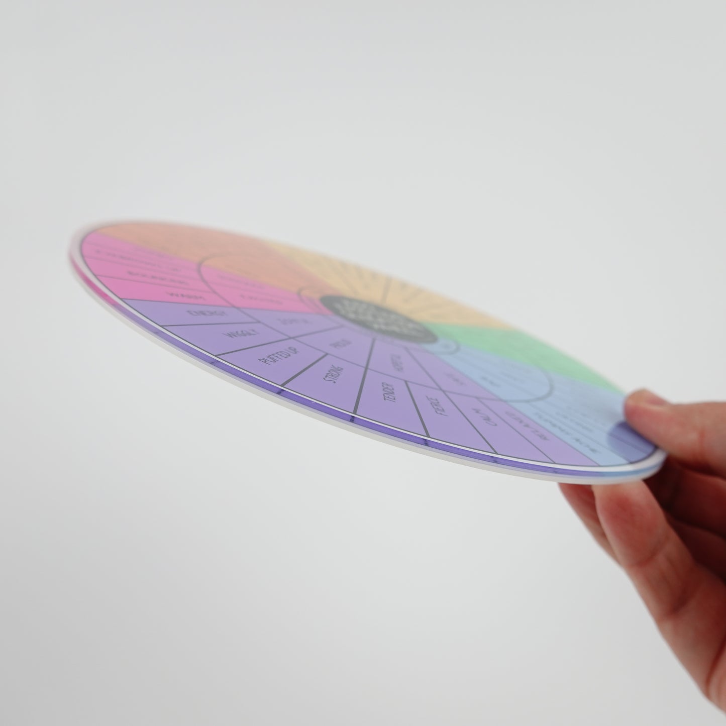 Colorful wheel of emotions held by a hand on a white background