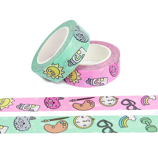 Doodled Mental Wellness Washi Tape Set | Mint & Pink: 1.5cm x 10m