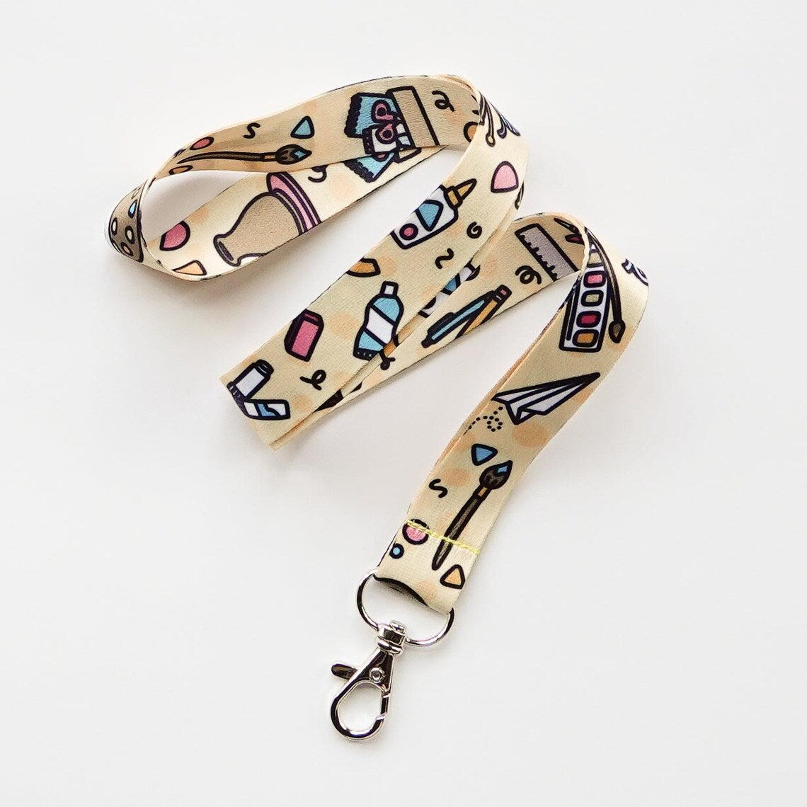 Lanyard: Art Supplies | Teacher ID Badge with Brushes, Sketchpads, Yarn, Paint Palette Icons