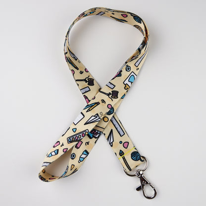 Lanyard: Art Supplies | Teacher ID Badge with Brushes, Sketchpads, Yarn, Paint Palette Icons