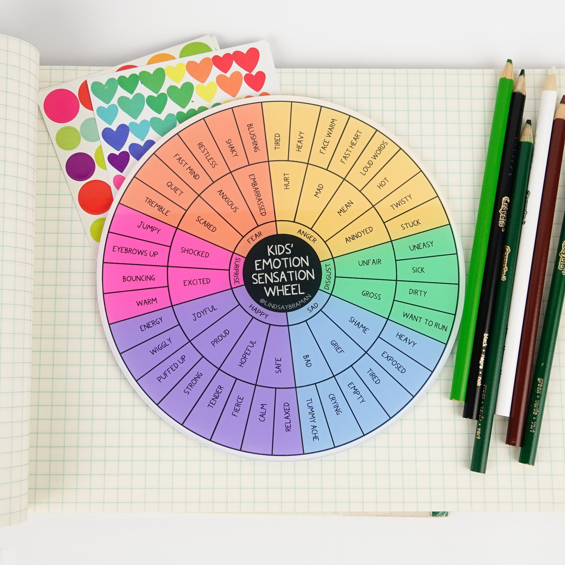 Colorful emotion sensation wheel on a notebook with pencils
