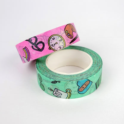 Doodled Mental Wellness Washi Tape Set | Mint & Pink: 1.5cm x 10m