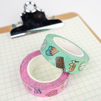 Doodled Mental Wellness Washi Tape Set | Mint & Pink: 1.5cm x 10m
