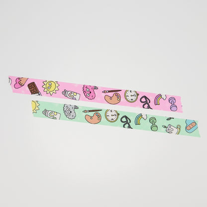Doodled Mental Wellness Washi Tape Set | Mint & Pink: 1.5cm x 10m
