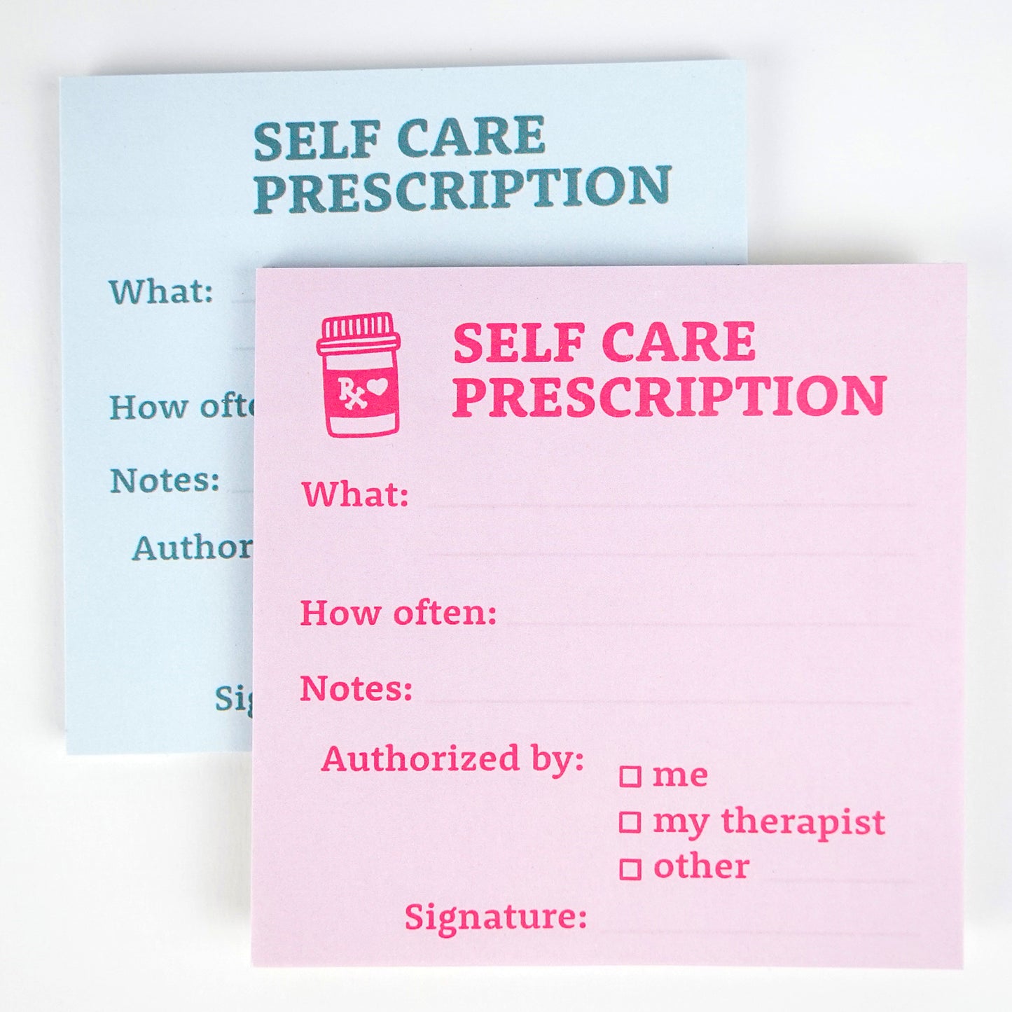 Self Care Prescription Rx Pad-Inspired Sticky Notes for Mental Health | Set of 2: Blue & Pink