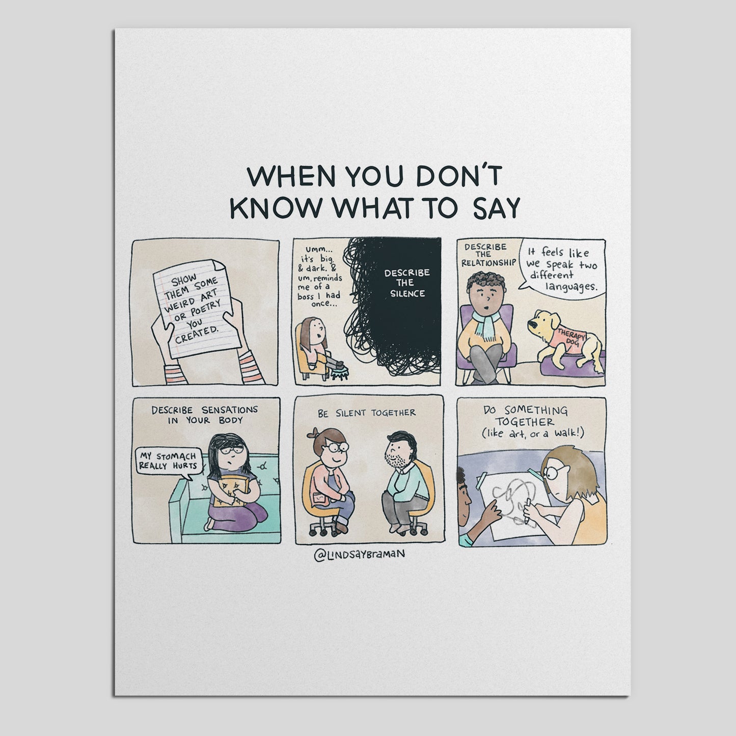 Printable PDF Download: What to Do When You Don’t Know What to Say in Therapy | An Illustrated Guide